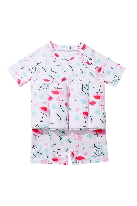 2-6Y Kid Girls Short Sleeve One Piece Float Suit Swimsuit Rashguard Buoyancy Bathing Suit/Flamingo
