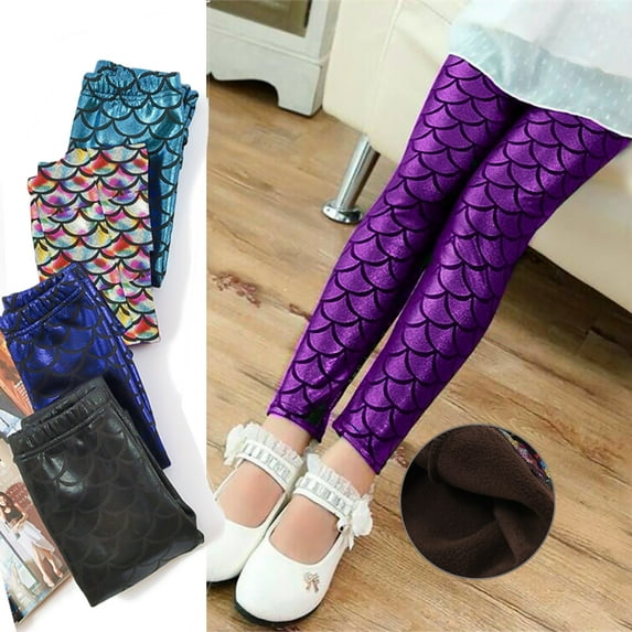GYRATEDREAM 2-8T Toddler Kid Little Girls Colorful Mermaid Print Ankle Leggings Fleece Lined PU Tight Trouser