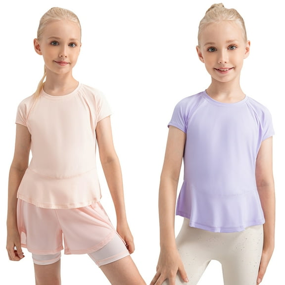 GYRATEDREAM 2 Pack Girls Short Sleeve Dry-Fit Crew Neck Active Athletic Performance T-Shirt for Kids 5-12 Years