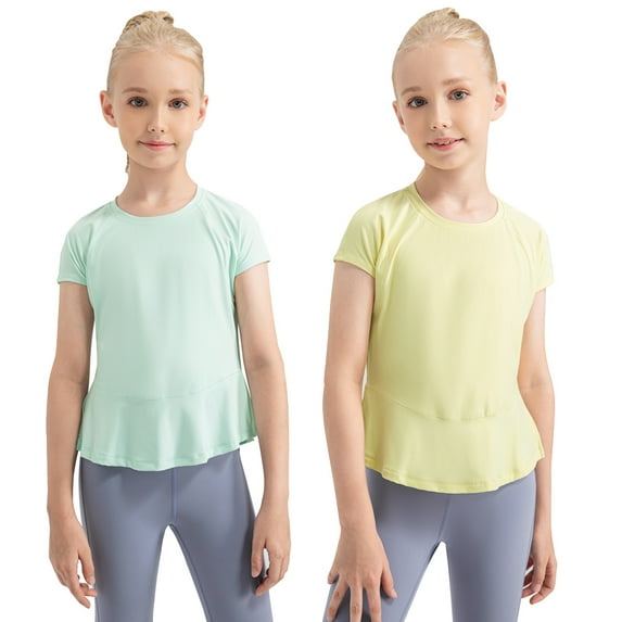 GYRATEDREAM 2 Pack Girls Short Sleeve Dry-Fit Crew Neck Active Athletic Performance T-Shirt for Kids 5-12 Years