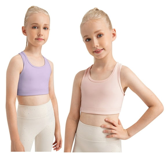 GYRATEDREAM 2 Pack Girls Training Bra - Sports Bra Scoop Neck Yoga Bra for Kids Comfort Dance Crop Top with Chest Pad 5-12 Years