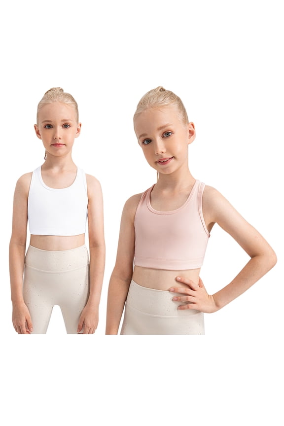 2 Pack Girls Training Bra - Sports Bra Scoop Neck Yoga Bra for Kids Comfort Dance Crop Top with Chest Pad 5-12 Years