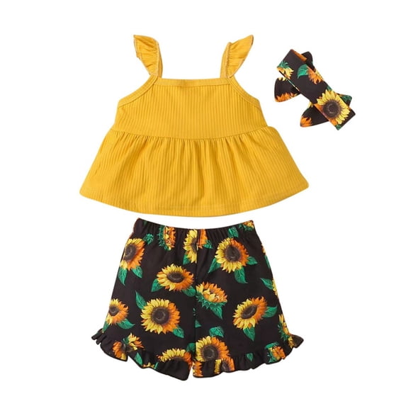 GYRATEDREAM 2Pcs Baby Girls Ruffle Straps Toddler Bowknot Top + Ruffle Flower Shorts Outfits Sets 6 Months-4 Years