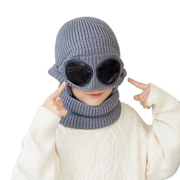 GYRATEDREAM 2Pcs Boys Girls Winter Hat and Scarf Set Winter Hats with Glasses for Kids Toddler Beanie Hat Fleece Lined Scarf for 4-9Y Gray