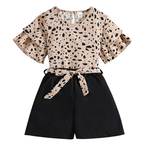 GYRATEDREAM 2Pcs Girls Summer Outfits Set Leopard Print Short Ruffle Sleeve Tee Top and Shorts Set with Bow Belt for 8Y Black