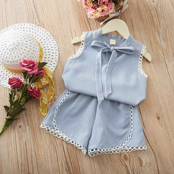 GYRATEDREAM 2Pcs/Set Toddler Kids Baby Girl Sleeveless Bow T-Shirt Top Shorts Outfits 1-9T