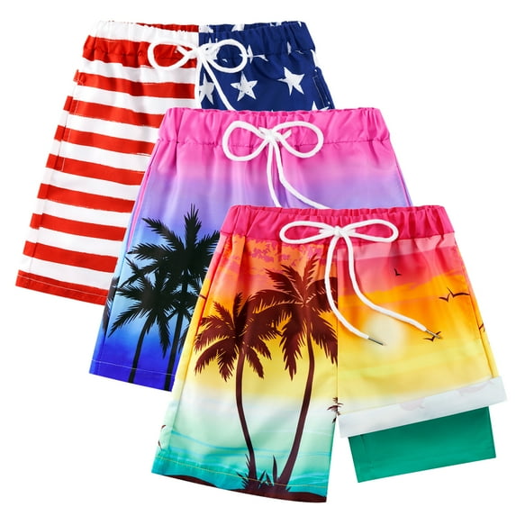 GYRATEDREAM 3 Pack Boys Swim Trunks with Boxer Brief Liner Boys Swimwear Quick Dry Bathing Suit Toddler Swim Trunks 5-16 Years