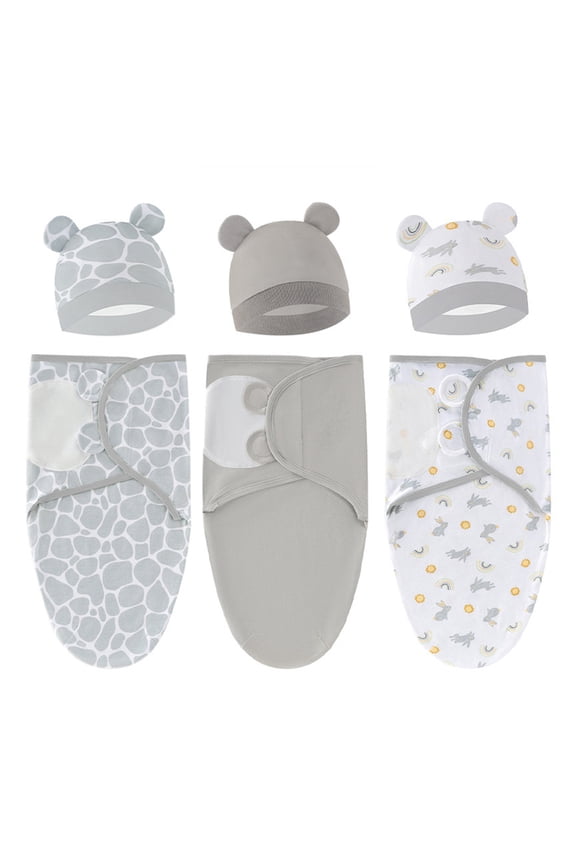 3 Pack Newborn Baby Swaddle Sleep Sack with Hat Set Infant Boys Girls Soft Cotton Easy Adjustable Preemie Swaddle Blanket Wrap with Cap Outfits for 0-6 Months