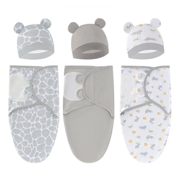 GYRATEDREAM 3 Pack Newborn Baby Swaddle Sleep Sack with Hat Set Infant Boys Girls Soft Cotton Easy Adjustable Preemie Swaddle Blanket Wrap with Cap Outfits for 0-6 Months