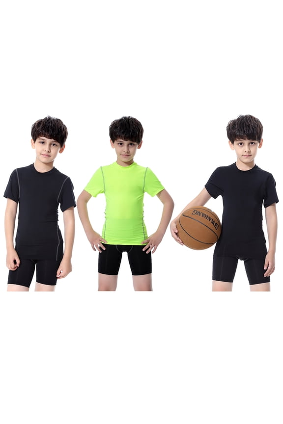 3 Pack Youth Boys Compression Shirt Athletic Short Sleeve Football Undershirts Quick Dry Soccer Shirts 5-16T