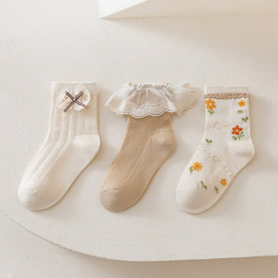 GYRATEDREAM 3 Pairs Toddler Baby Girls Non-Slip Ankle Socks Kids Cotton Lace Trim Anti-Skid Grips Socks Children Sticky Slipper Crew Socks for 1-12 Years