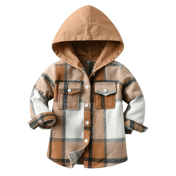 GYRATEDREAM 3M-8T Boys Girls Flannel Hoodie Plaid Shirt Jacket Long Sleeve Lapel Button Down Pocketed Shirts Regular Fit Casual Fall Coat