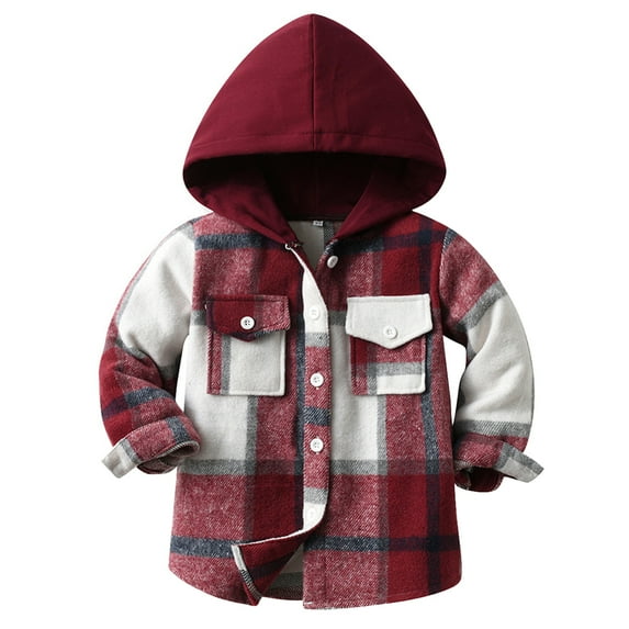 GYRATEDREAM 3M-8T Boys Girls Flannel Hoodie Plaid Shirt Jacket Long Sleeve Lapel Button Down Pocketed Shirts Regular Fit Casual Fall Coat