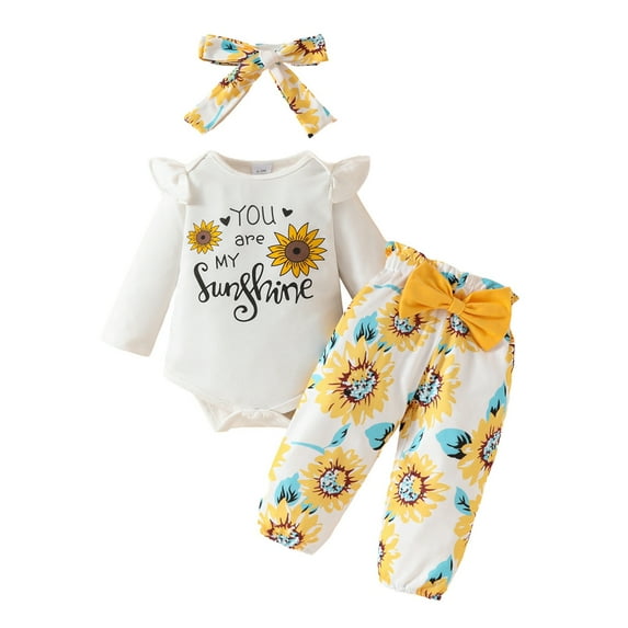 GYRATEDREAM 3Pcs Newborn Infant Girls Fall Winter Clothes Toddler Baby Long Sleeve Sunflower Print Romper + Bowknot Trousers + Headband Outfits for 0-18 Months