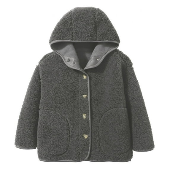 GYRATEDREAM 4-12Y Girls Boys Hooded Fleece Jacket Toddler Baby Button down Solid Color Wool Outwear Coat with Pockets Kids Children Warm Fall Winter Clothes Dark Grey