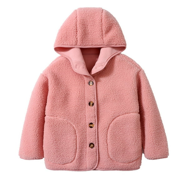 GYRATEDREAM 4-12Y Girls Boys Hooded Fleece Jacket Toddler Baby Button down Solid Color Wool Outwear Coat with Pockets Kids Children Warm Fall Winter Clothes Pink