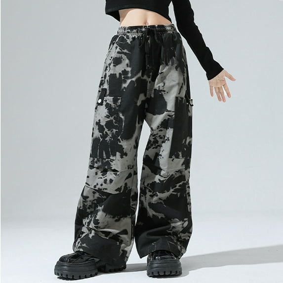 GYRATEDREAM 4-18 Years Girls Camo Cargo Pants High Elastic Waist Casual Cargo Pants for Girls Wide Leg Parachute with Pockets