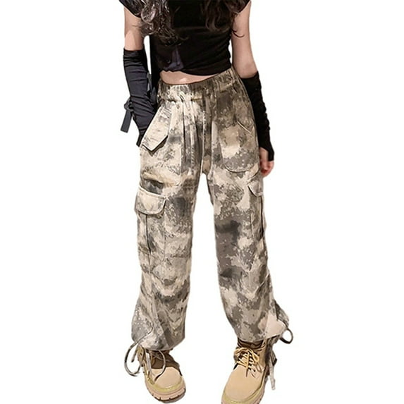 GYRATEDREAM 4-18 Years Girls Camo Cargo Pants High Elastic Waist Casual Cargo Pants for Girls Wide Leg Parachute with Pockets