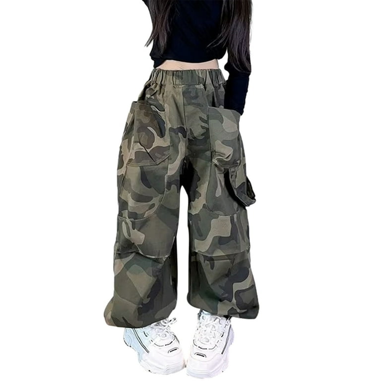 GYRATEDREAM 4-18 Years Girls Camo Cargo Pants High Elastic