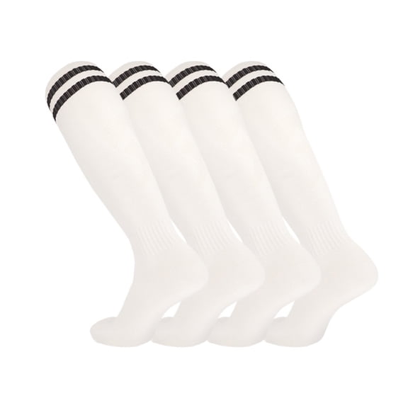 GYRATEDREAM Kids Grip Soccer Socks Boys Football 2 Stripe Non Slip Socks Cushioned Athletic Long Crew Socks Running Sports Compression Socks 4 Pairs Size M White