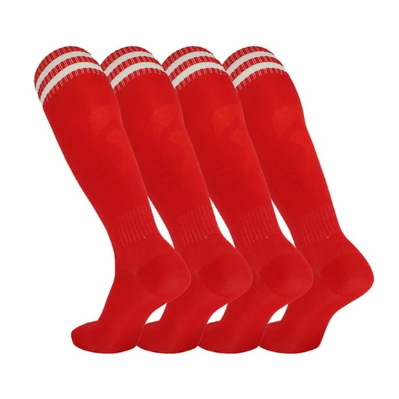 GYRATEDREAM Kids Grip Soccer Socks Boys Football 2 Stripe Non Slip Socks Cushioned Athletic Long Crew Socks Running Sports Compression Socks 4 Pairs Size M Red