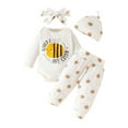 thumbnail image 1 of GYRATEDREAM 4 Pcs Infant Baby Girl Clothes Letter and Bee Print Long Sleeve Romper Flower Pant Headband Hat Toddler Outfits Set for 3-6M White, 1 of 9