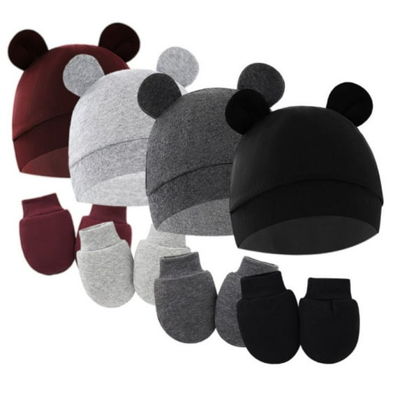 GYRATEDREAM 4 Pieces Infant Baby Boys Girls Hospital Hats Bear Ears Beanie Infant Caps Cotton No Scratch Mittens Set for 0-6M Multi-color