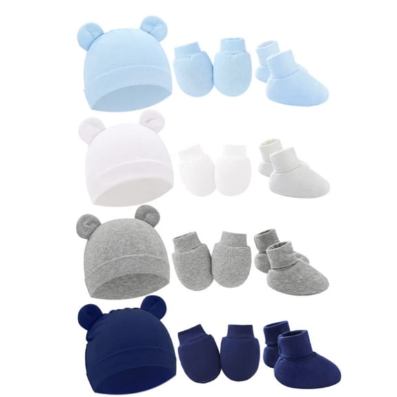 GYRATEDREAM 4 Pieces Newborn Boys Girls Hats Baby Hat and No Scratch Mitten and Socks Set Infant Headbands Winter Baby Caps for 0-6M Multi-color