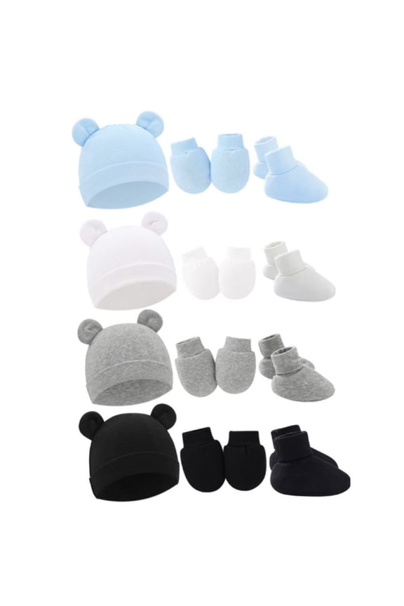 4 Pieces Newborn Boys Girls Hats Baby Hat and No Scratch Mitten and Socks Set Infant Headbands Winter Baby Caps for 0-6M Multi-color