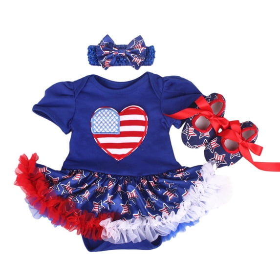 GYRATEDREAM 4th of July Baby Girl Birthday Outfit Newborn American Flag Romper+Ruffle Tulle Skirt+Headband+Shoes Independence Day 4pcs Set for