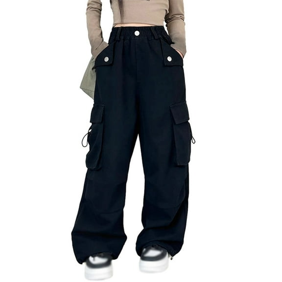 GYRATEDREAM Girls Cargo Pants Elastic Waist Casual Jogger Pants for Girls Streetwear Loose Parachute with Pockets 6-16Years