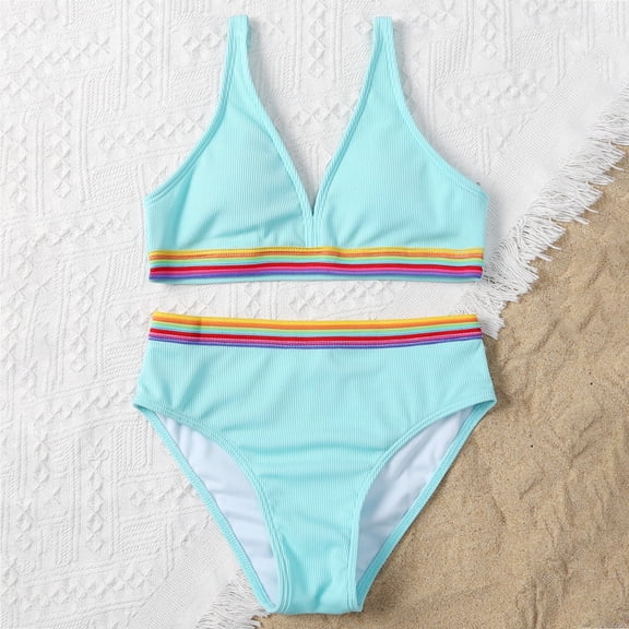 GYRATEDREAM 7-12T Girls Two Pieces Swimsuit V Neck Spaghetti Strap Wireless Bikini Top and Bottom Tankini Bathing Suit