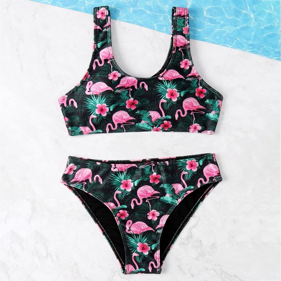 GYRATEDREAM 7-12T Girls Two Pieces Swimsuit V Neck Spaghetti Strap Wireless Bikini Top and Bottom Tankini Bathing Suit