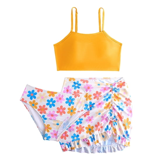GYRATEDREAM 7-12Y Girls 3 Pieces Swimsuit Flower Print Soild Tie-dye Bikini Set w/Beach Skirt Bathing Suit