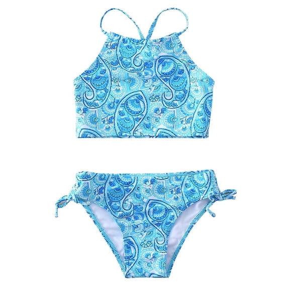 GYRATEDREAM 7-13Y Child Girls Halter Tankini Side Tie Bikini Bathsuit 2PCS Floral Swimsuit UPF 50+