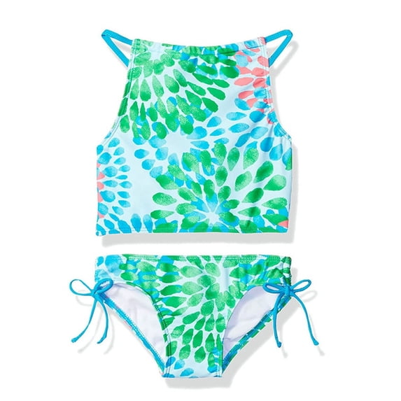 GYRATEDREAM 7-13Y Child Girls Halter Tankini Side Tie Bikini Bathsuit 2PCS Floral Swimsuit UPF 50+
