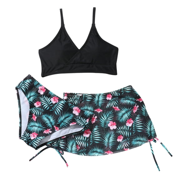 GYRATEDREAM Girls Swimsuit Floral Print V Neck Adjustable Straps Bikini with Cover Up Skirt 3Pcs Bathing Suits for Teen Girls