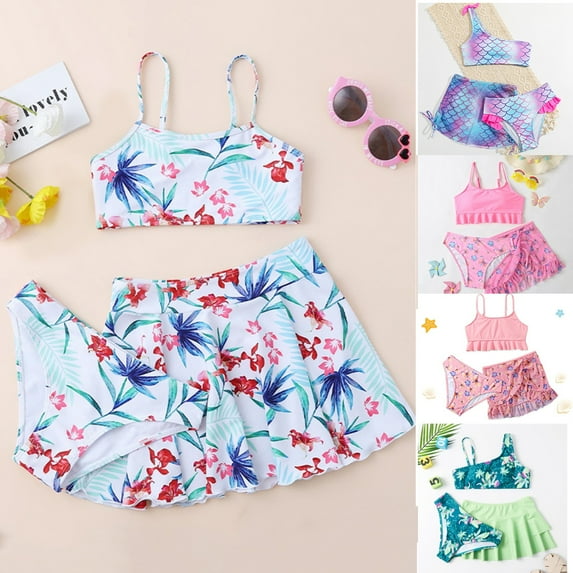 GYRATEDREAM 8-12Y Girl's 3 Piece Swimsuits Floral Printed Bikini Bathing Suit with Cover Up Skirts