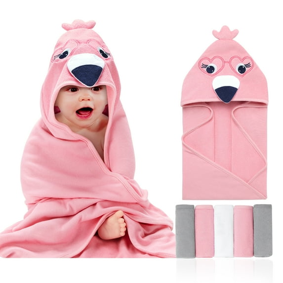 GYRATEDREAM Baby Bath Towels Hooded Baby Bath Towel Set Baby 1Pcs Hooded Towel +5PCS Washcloths,6pcs Bath Towel Set for Boys Girls,Pink