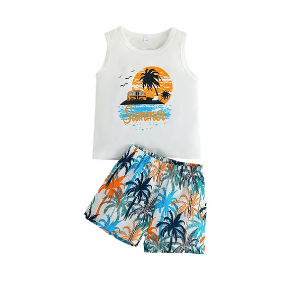 GYRATEDREAM Baby Boy Clothes Summer Outfit Letter Print Sleeveless Tops Elastic Shorts 2pcs Toddler Beach Outfits,Size 1-2 Years