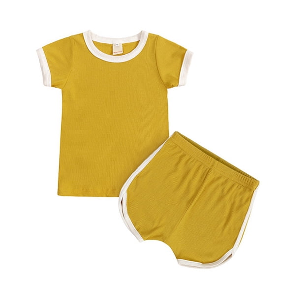 GYRATEDREAM Baby Boys Girls Solid Color Tracksuit Outfits Ribbed Knit Short Sleeve Tops T-shirt + Elastic Waistband Shorts Infant Toddler 2-Piece Set for 6 Months-4 Years