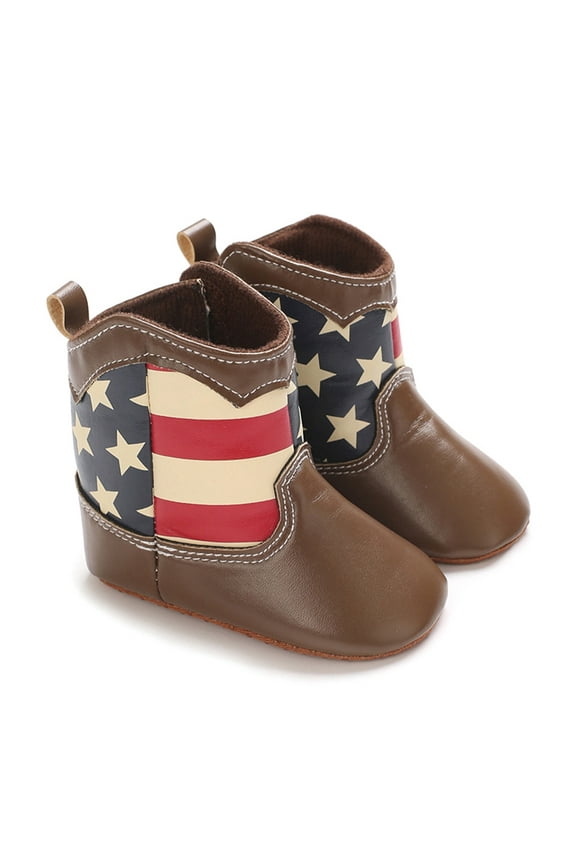 Baby Boys Girls Western Cowboy Boots Infant Moccasins High Top American Flag Print Booties Toddler Soft Sole Non-Slip First Walker Crib Shoes Brown for 0-18M