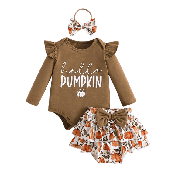 GYRATEDREAM Baby Girl 3Pcs Halloween Outfits Pumpkin Letter Print Short Sleeve Top Shirt Elastic Shorts Headband Set Clothes for 6-12M Brown