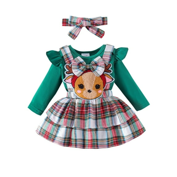 GYRATEDREAM Baby Girl Christmas Outfit Infant Dress Set Long Sleeve Ruffle Romper + Suspender Skirt + Headband Overall 3Pcs Clothes Set for 12-18M Green