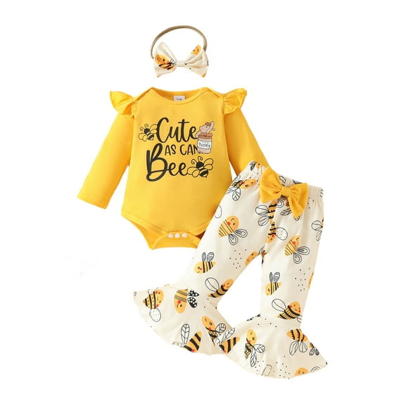 GYRATEDREAM Baby Girl Clothes Newborn 3 6 9 12 18 Months Fall Outfits Ruffle Long Seeve Romper Top & Flare Pants Cute Bow Headband Sets