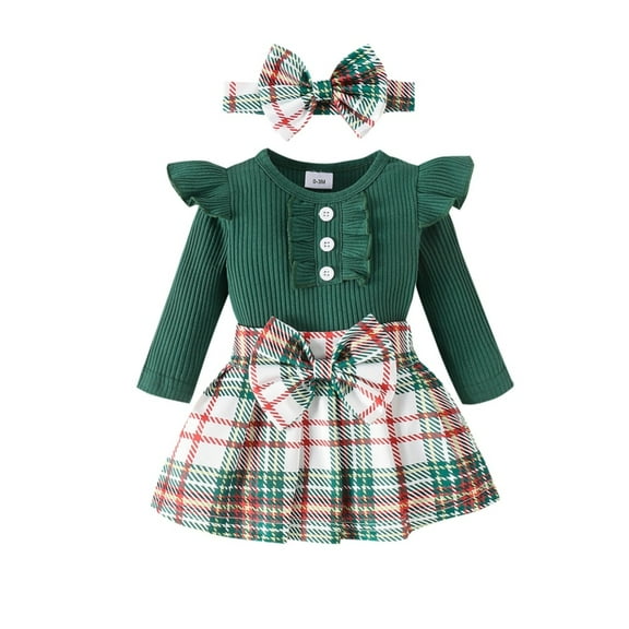 GYRATEDREAM Baby Girl Fall Winter Outfit Ruffle Long Sleeve Knit Romper Plaid Skirt with Headband Cute Newborn Clothes
