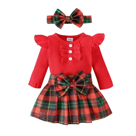 GYRATEDREAM Baby Girl Fall Winter Outfit Ruffle Long Sleeve Knit Romper Plaid Skirt with Headband Cute Newborn Clothes
