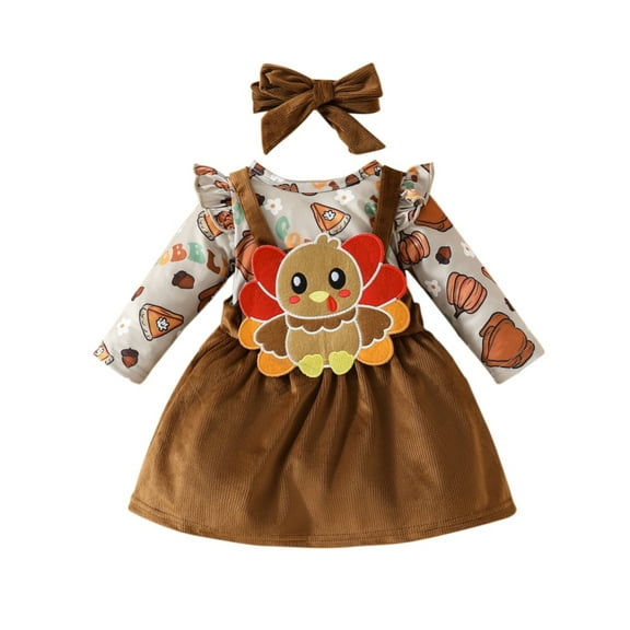 GYRATEDREAM Baby Girl Halloween Outfit Infant Dress Set Long Sleeve Ruffle Romper   Suspender Skirt   Headband Overall 3Pcs Clothes Set for 0-3M Brown
