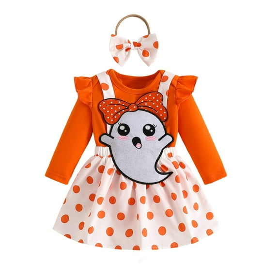 GYRATEDREAM Baby Girl Halloween Outfit Newborn Long Sleeve Romper Skirt Set Toddler Bodysuit Overall Dress Jumpsuits Headband Fall Winter Cute Clothes 3 Pcs Set for 0-3M Orange