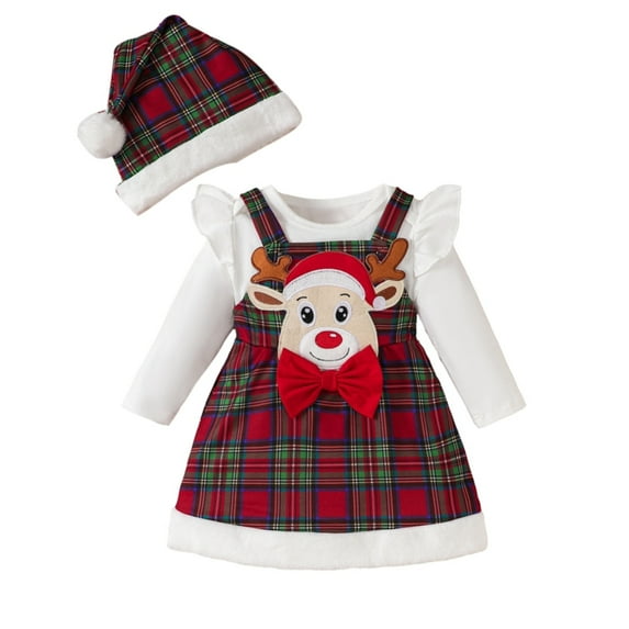 GYRATEDREAM Baby Girl Winter Clothes Toddler Girl Christmas Outfits Long Sleeve Ruffle Romper Suspender Skirt Headband Set for 0-3M Red